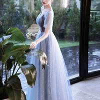 Blue tulle sequins long prom dress blue evening dress - Thumbnail 3