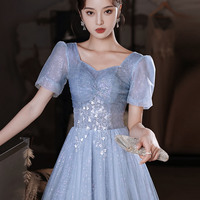 Blue tulle sequins long prom dress blue evening dress - Thumbnail 2