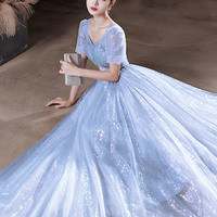 Blue tulle sequins long prom dress blue evening dress - Thumbnail 4