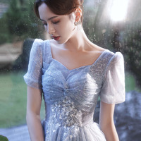 Blue tulle sequins long prom dress blue evening dress - Thumbnail 1