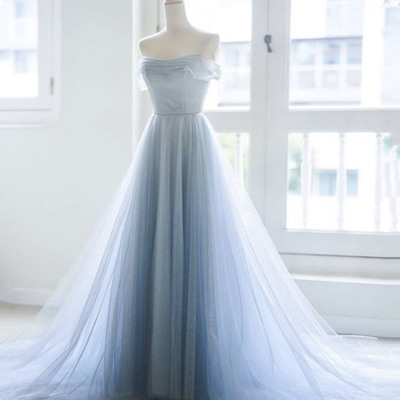 Blue tulle long a line prom dress blue evening dress - Thumbnail 1