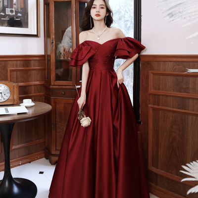 Burgundy satin long prom dress a line evening dress - Thumbnail 2