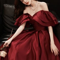 Burgundy satin long prom dress A line evening dress - Thumbnail 1