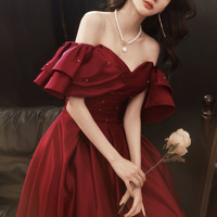 Burgundy satin long prom dress A line evening dress - Thumbnail 2