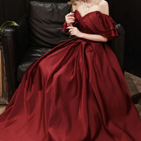 Burgundy satin long prom dress A line evening dress - Thumbnail 3