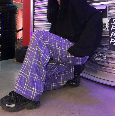 Vintage High Waist Plaid Checker Loose Wide Leg Trousers Pants