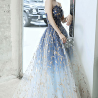 Blue tulle long prom dress blue evening dress - Thumbnail 4