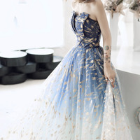 Blue tulle long prom dress blue evening dress - Thumbnail 1