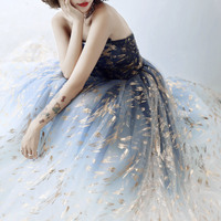 Blue tulle long prom dress blue evening dress - Thumbnail 2