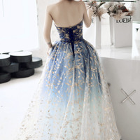 Blue tulle long prom dress blue evening dress - Thumbnail 3