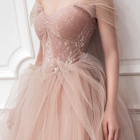 Pink Tulle Long Prom Dress Pink Evening Dress - Thumbnail 2
