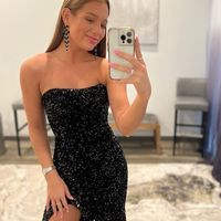 Stunning Mermaid Strapless Black Sequins Long Prom Dresses with Slit - Thumbnail 1