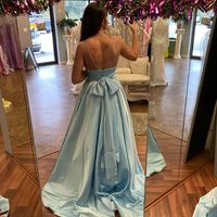 Cute A Line V Neck Light Blue Satin Long Prom Dresses with Bow - Thumbnail 1