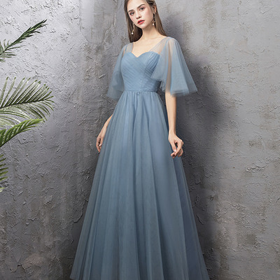 Blue tulle long a line prom dress blue evening dress - Thumbnail 2