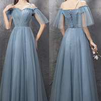 Blue tulle long A line prom dress blue evening dress - Thumbnail 6