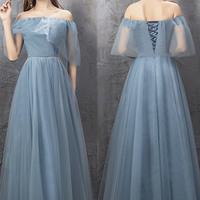 Blue tulle long A line prom dress blue evening dress - Thumbnail 8