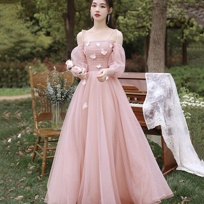 Pink tulle long a line prom dress pink evening dress - Thumbnail 3