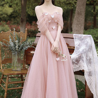 Pink tulle long A line prom dress pink evening dress - Thumbnail 3