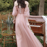 Pink tulle long A line prom dress pink evening dress - Thumbnail 7