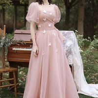 Pink tulle long A line prom dress pink evening dress - Thumbnail 1