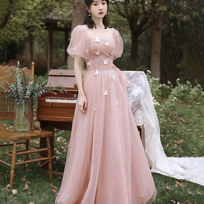 Pink tulle long prom dress a line evening dress - Thumbnail 3
