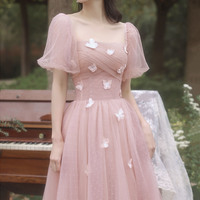 Pink tulle long prom dress A line evening dress - Thumbnail 1