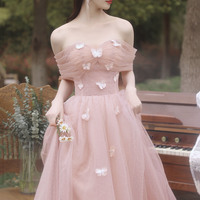 Pink tulle long prom dress A line evening dress - Thumbnail 3