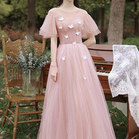 Pink tulle long prom dress A line evening dress - Thumbnail 4