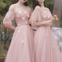 Pink tulle long prom dress A line evening dress - Thumbnail 5