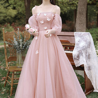 Pink tulle long prom dress A line evening dress - Thumbnail 6