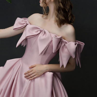 Unique design pink bow satin long prom dress princess dress - Thumbnail 4