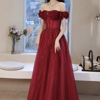 Burgundy tulle beads long prom dress evening dress - Thumbnail 1