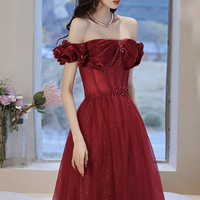 Burgundy tulle beads long prom dress evening dress - Thumbnail 2