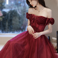 Burgundy tulle beads long prom dress evening dress - Thumbnail 3