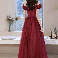 Burgundy tulle beads long prom dress evening dress - Thumbnail 5