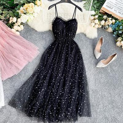 Sp1563,starry black spaghetti straps long prom dresses,starry tulle evening dress - Thumbnail 4