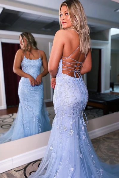 SP2013,Elegant light blue prom dresses criss back mermaid evening dress