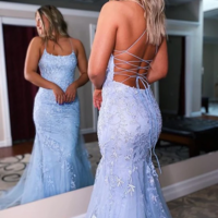 SP2013,Elegant light blue prom dresses criss back mermaid evening dress - Thumbnail 1