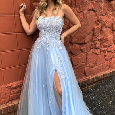 Sp2014,light blue halter applique tulle prom dresses lace side slit evening formal gown