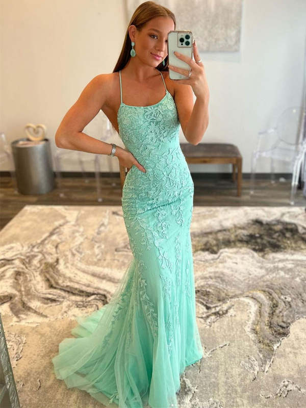 SP2015,Green mermaid prom dresses,applique tulle evening dress,cross back formal party dress