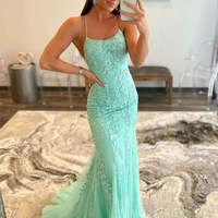 SP2015,Green mermaid prom dresses,applique tulle evening dress,cross back formal party dress - Thumbnail 1