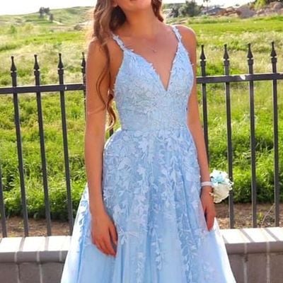 Sp2017,sky blue lace prom dresses,tulle a-line long evening dress - Thumbnail 1