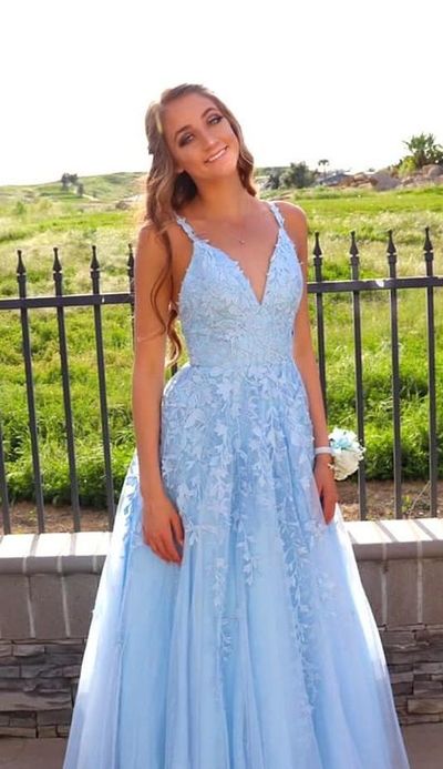 SP2017,Sky blue lace prom dresses,tulle a-line long evening dress