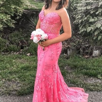 Sp2019,sweetheart pink evening dresses applique mermaid prom formal gown