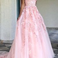 SP2021,Light pink lace prom dresses,a-line applique long evening dress,senior prom dress - Thumbnail 1