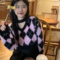Cute Girl American College Style Hot Girl Diamond Shaped Contrast Black Pink V Neck Short Small Knit Sweater - Thumbnail 7