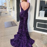 Glitter Mermaid V Neck Open Back Grape Sequins Long Prom Dresses - Thumbnail 1