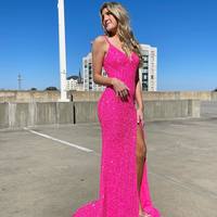 Romantic Mermaid V Neck Fuchsia Sequin Long Prom Evening Dresses with Side Slit - Thumbnail 1