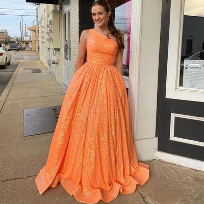 Gorgeous a-line one shoulder orange sparkly satin long prom dreeses with pockets - Thumbnail 2