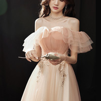 Pink tulle sequins long prom dress pink evening dress - Thumbnail 1